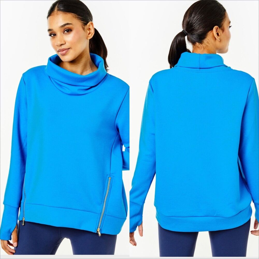 Addison Bay Polished Double Knit Zip Everyday Pullover Size Large Lake Blue EUC